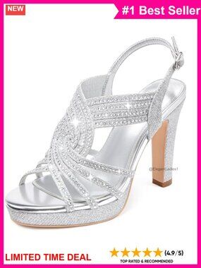 Rhinestone Platform Heeled Sandals with Adjustable Ankle Strap